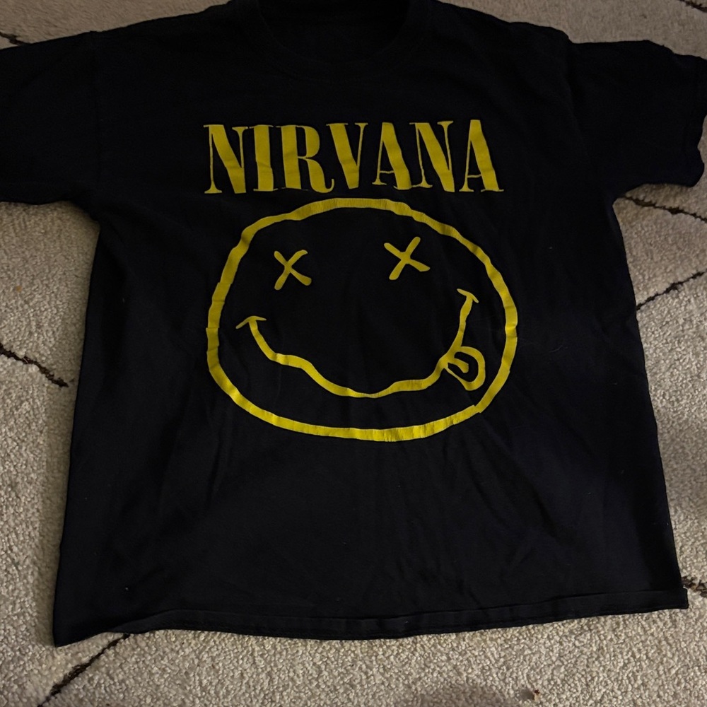 NIRVANA Black Tee with Yellow Smiley Design